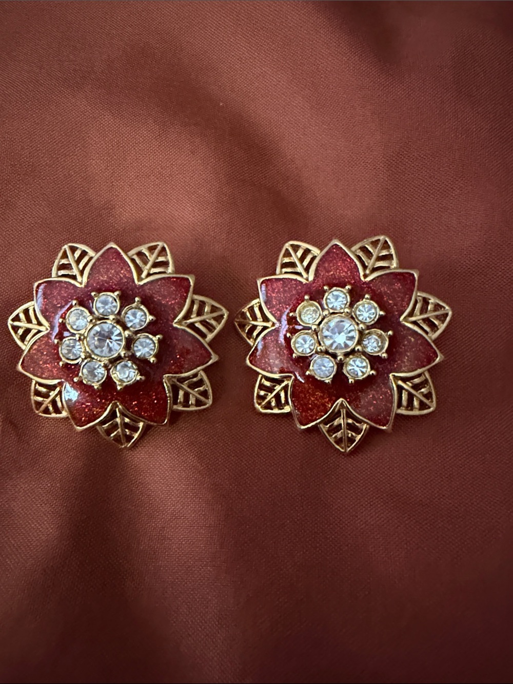 Avon Gold-Tone Red Floral Crystal Stud Earrings